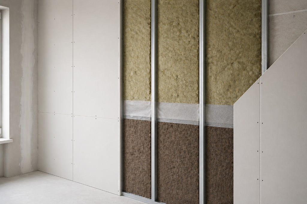 Trockenbau: Dämmung und Schallschutz in einer Ständerwand mit Mineralwolle und Beplankung