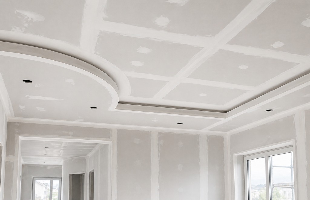 Trockenbau: abgehängte Decke mit mehreren Ebenen, fugenbündiger Verspachtelung und Ausschnitten für Spots