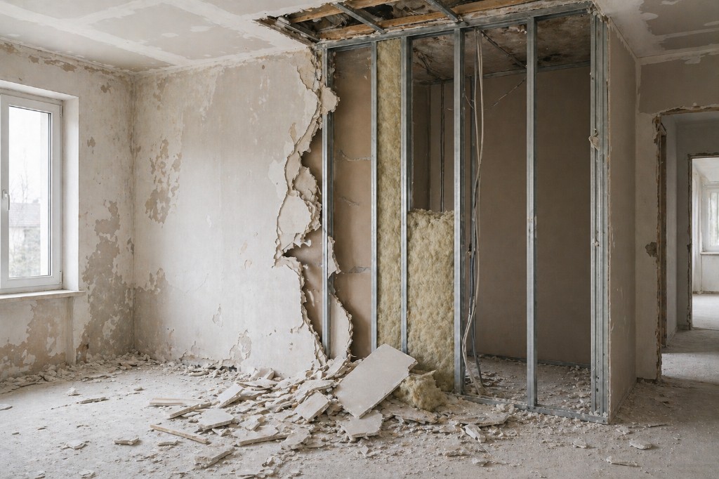 Trockenbau: Sanierung und Rückbau mit geöffnetem Ständerwerk, sichtbarer Dämmung und Baustellenrückbau