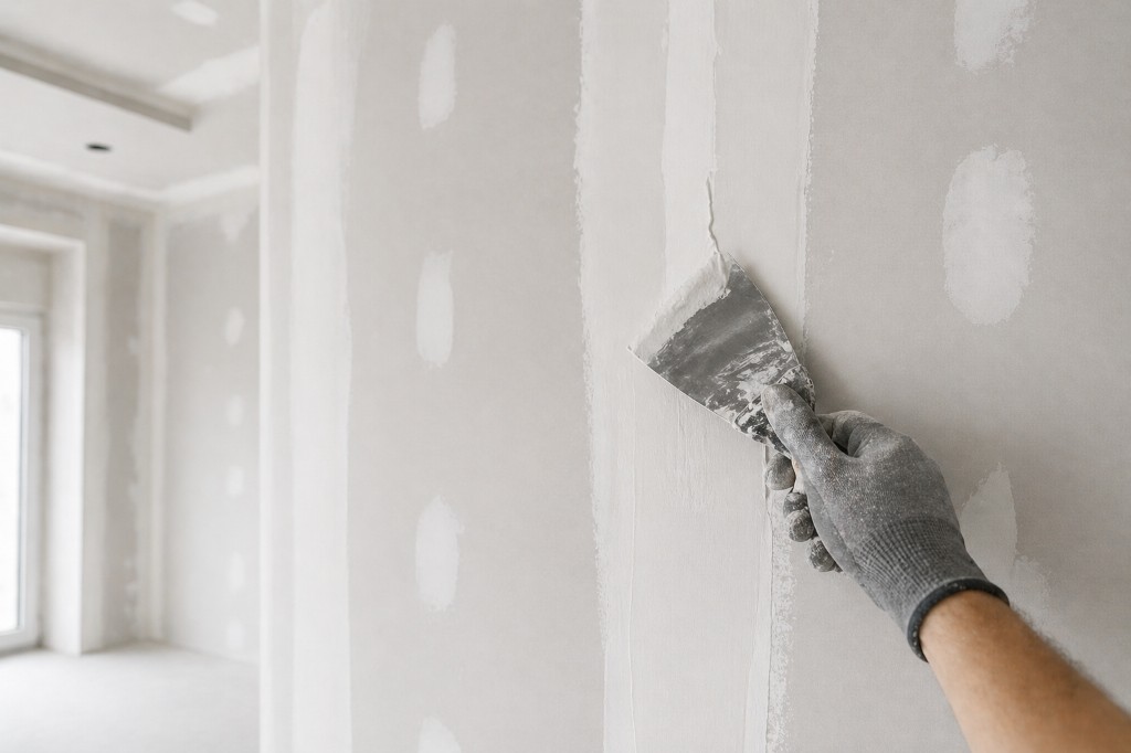 Trockenbau: Spachtelarbeiten an einer Wand, sauber abgezogen und für Q2/Q3 vorbereitet