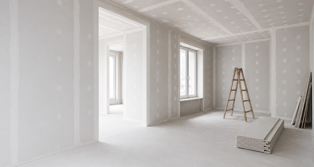 Trockenbau: verspachtelte Leichtbauwände und Raumaufteilung mit sauber ausgeführten Fugen