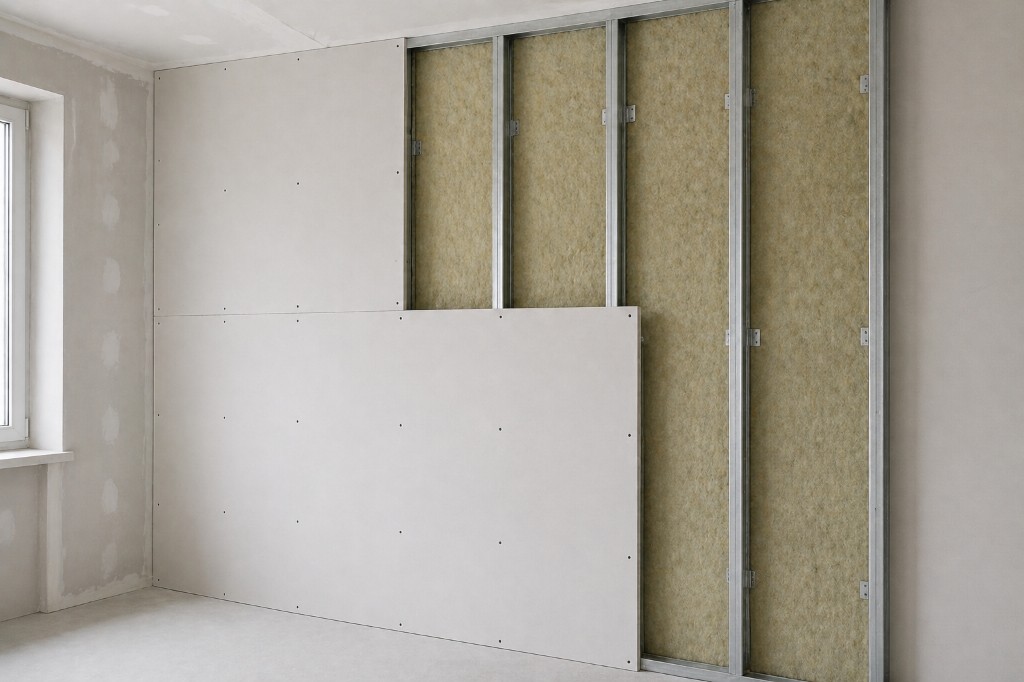 Trockenbau: Vorsatzschale mit Ständerwerk und Dämmung, vorbereitet für saubere Wandaufbauten