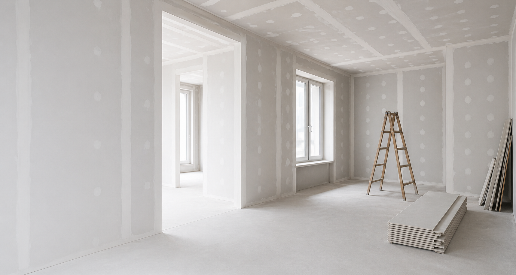 Trockenbau & Innenausbau: Innenraum mit frisch verspachtelten Wänden und Decken